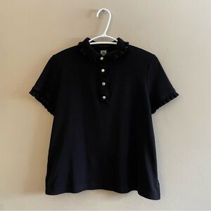 Anne Klein Sport Black Ruffled Collated Short Sleeve Tee w Pearl & Gold Buttons